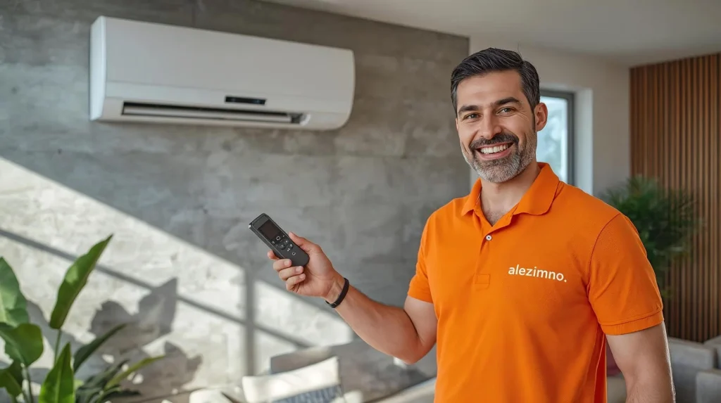 Instalator AleZimno.pl w pomarańczowej koszulce prezentuje nowoczesny klimatyzator ścienny w salonie.