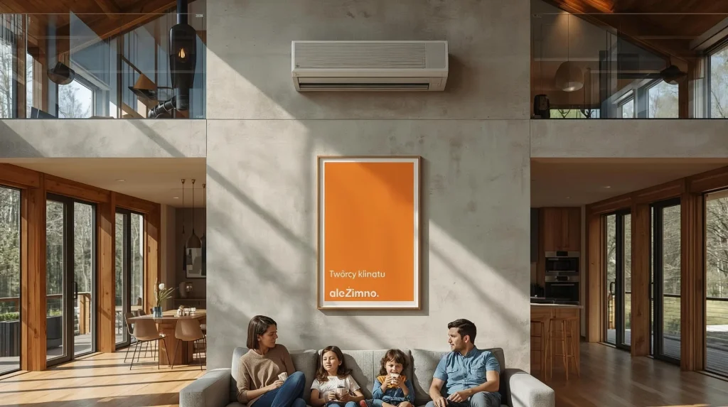 Rodzina relaksująca się w wysokim salonie typu stodoła z zamontowaną klimatyzacją od aleZimno zapewniającą komfort termiczny.