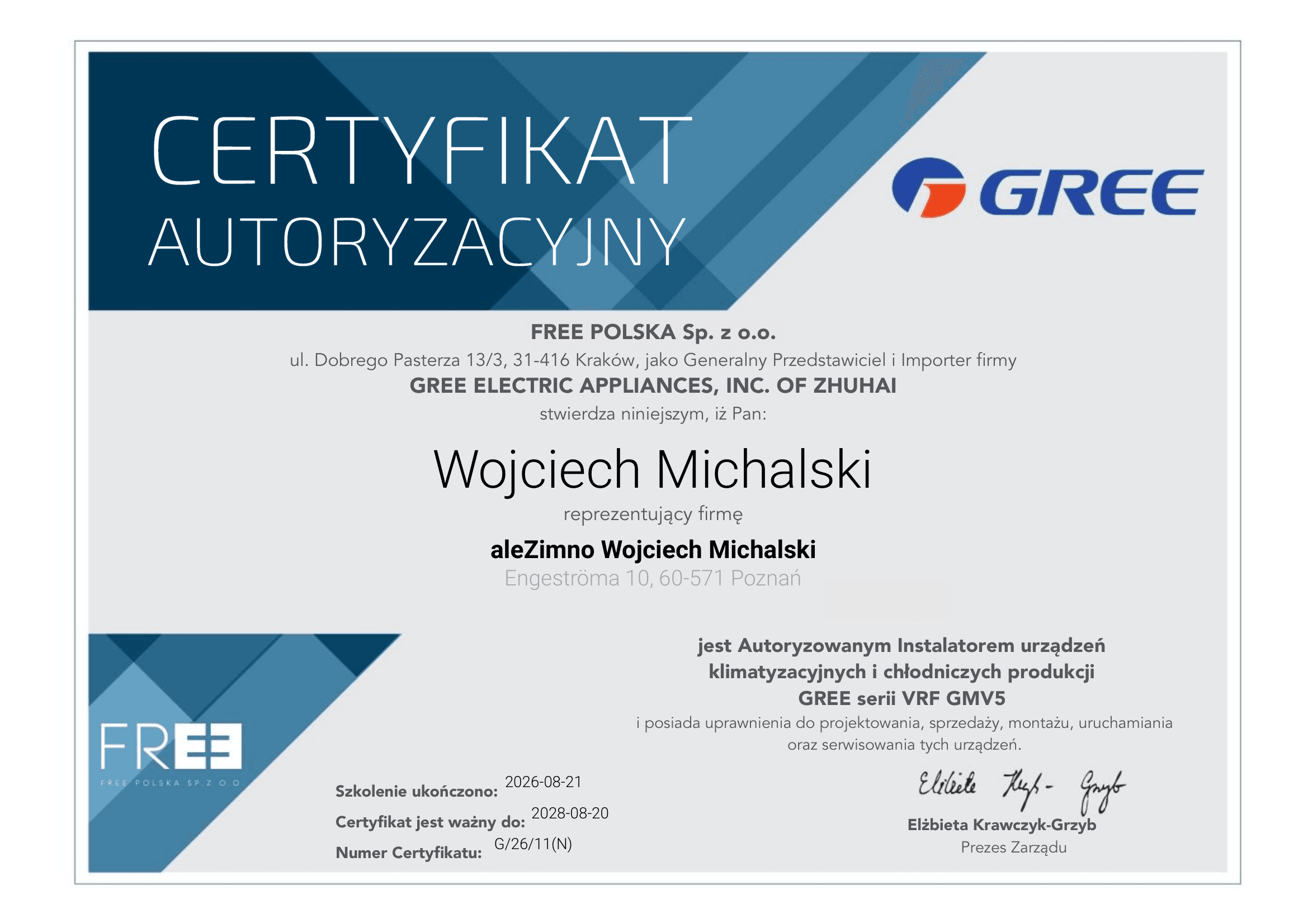 Certyfikat GMV (VRF) aleZimno